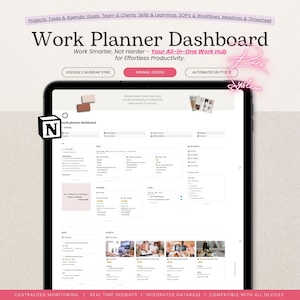 Puede incluir: Una tableta digital muestra una interfaz de "Work Planner Dashboard". La pantalla presenta secciones para proyectos, tareas, objetivos y reuniones. El diseño es minimalista, con el texto "Work Smarter, Not Harder" y "Your All-in-One Work Hub".