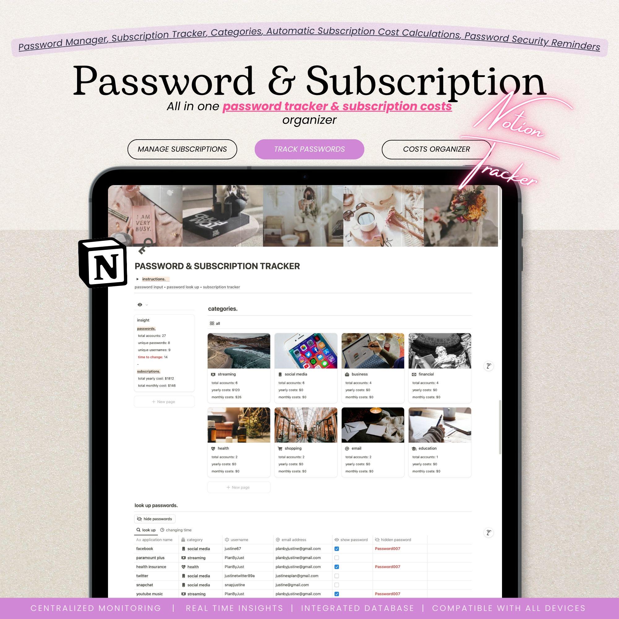 Password and Subscription Tracker | Notion Template | Password List & Log in Organizer | Login To My Account Information | Password Keeper