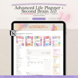 Pode incluir: Um tablet digital exibe a interface "Advanced Life Planner + Second Brain 3.0". A tela mostra um layout colorido e organizado com seções para produtividade, recursos e finanças. O texto inclui "Your second brain for life, work & focus - made for creative thinkers."