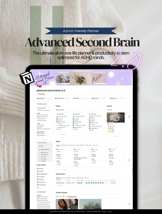 ADHD Notion Planner | Second Brain Life Planner, All in One Dashboard | Daily, Habit & Task Tracker | Notion Template 2026