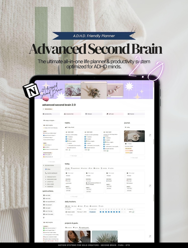 May include: A digital tablet displaying the Advanced Second Brain 2.0 Notion template, a productivity system for ADHD minds. The interface features sections for habits, daily journals, tasks, and trackers, with a purple header containing floral imagery.