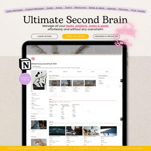 Second Brain Notion Template, PARA & GTD Project Manager, Daily Task + Goal Tracker (Digital Download)