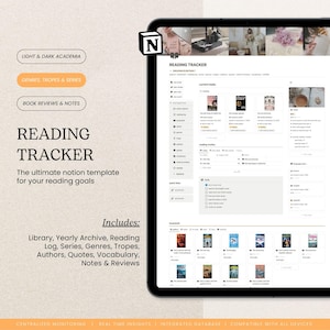 Modello di nozione di Reading Tracker, diario di recensioni di libri Light Academia, pianificatore di registro di lettura giornaliero, appunti di libri, serie, generi, tropi, autori