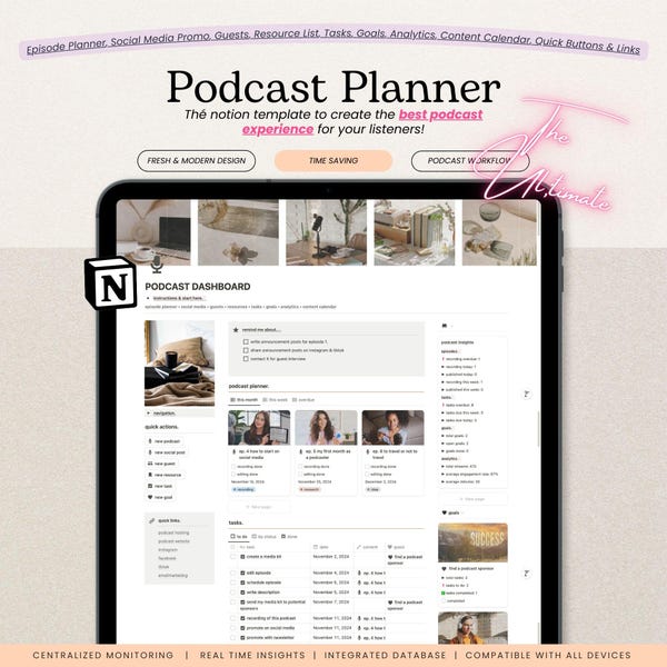 Sjabloon podcastplanner: contentkalender en afleveringtracker Light Academia (digitale download)