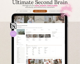 Second Brain Notion Template, Light Academia ADHD Life Planner 2025, Project Management Daily Task Tracker, PARA, Goals, Notes, Ipad Planner