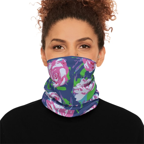 Floral Neck Gaiter, Dark Blue Pink Headband, UPF 50+ Sun Protection Accessory