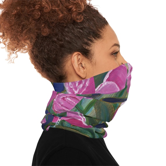 Floral Tube Scarf, Pink Green Abstract Art, UPF 50+ Neck Gaiter (Face Covering)