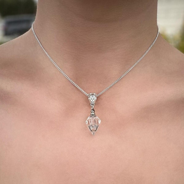 Collier fiole de sang vide à remplir en cristal, diamant, frêne, bijoux commémoratifs, alternative gothique, vampire, délicat, argent sterling, tour de cou, vis