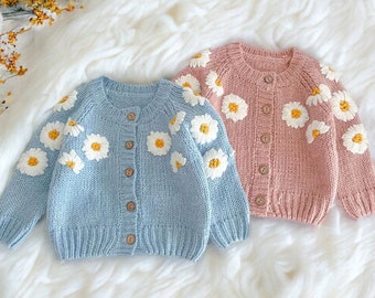 Baby Girl Cardigan Sweater - Newborn Knitted Daisy Flower Top, Embroidered Sweater, Baby Girl Clothes, Knitted Cardigan, Baby Announcement