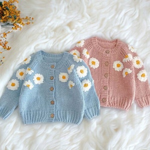 Baby Girl Cardigan Sweater - Newborn Knitted Daisy Flower Top, Embroidered Sweater, Baby Girl Clothes, Knitted Cardigan, Baby Announcement