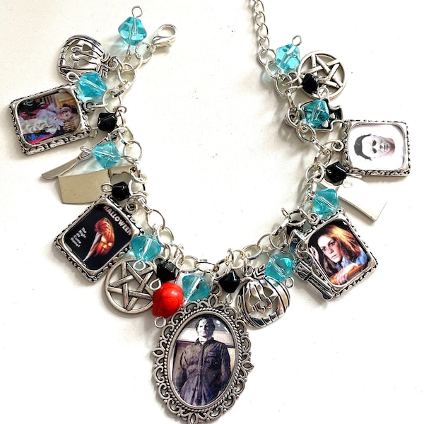 Michael Myers Halloween Inspired Horror Movie Charm Bracelet - Blue & Black Beads - Gift, Christmas, Birthday, Halloween or Anniversary