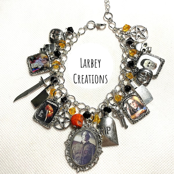 Michael Myers Halloween Inspired Horror Movie Charm Bracelet - Orange & Black Beads - Gift, Christmas, Birthday, Halloween or Anniversary