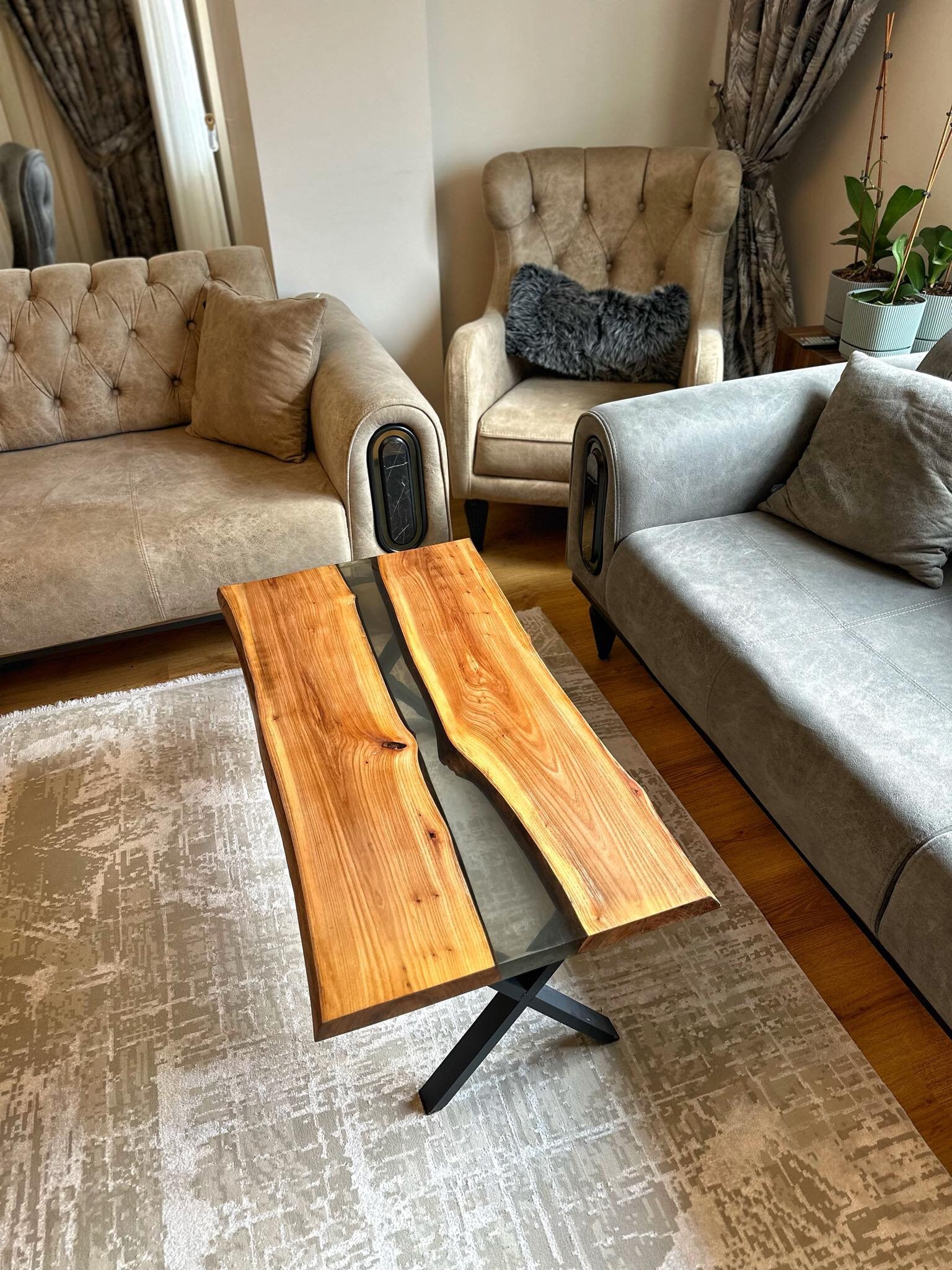 Walnut Wood Coffee Table, Unique Wooden Coffee Table, Side and Middle