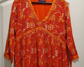 NWOT LA PLAGE L Kaftan Maxi Dress Orange Pink Floral Print Cotton Ikat Side Zip