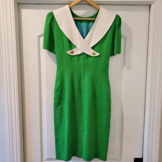 Vintage Oberon Linen Dress Sheath Green White Lin… - image 2