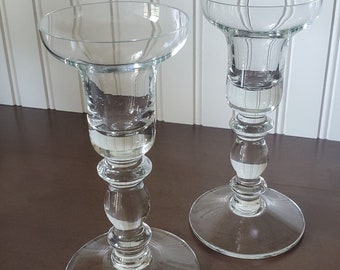 Pair Vintage Brilliant Crystal Glass Handblown Baluster Candlesticks Deep Cup