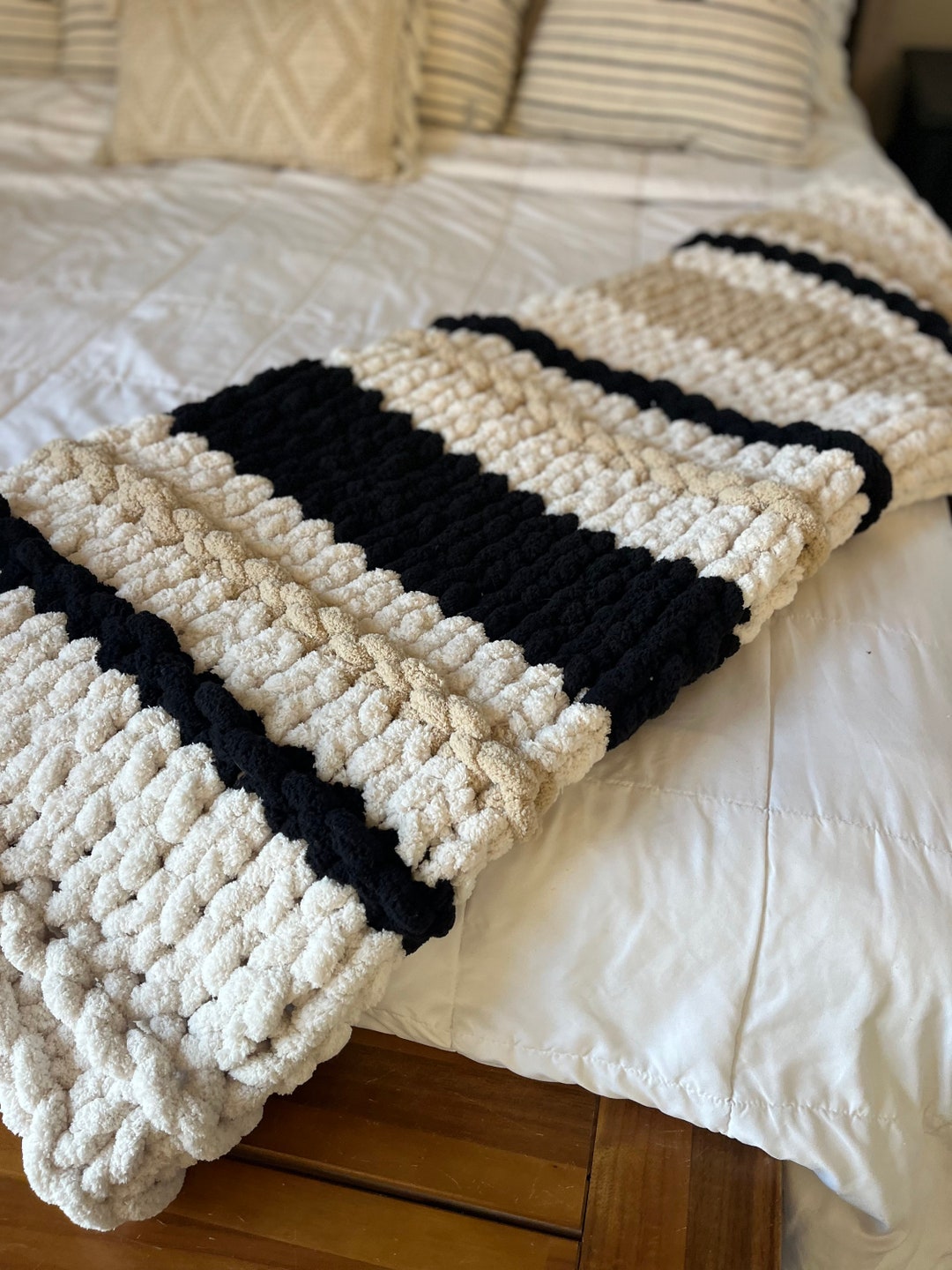 Chunky Knit Black, Ivory & Taupe Blanket Etsy