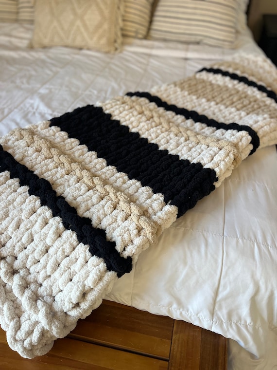 Chunky Knit Black Ivory Taupe Blanket Etsy
