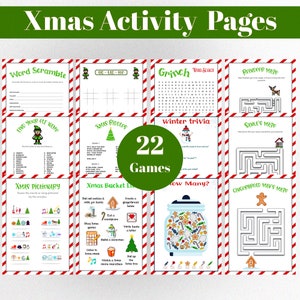 Paquete de juegos navideños: Bingo, 10 páginas para colorear, carta a Papá Noel y 22 juegos: ¡descarga digital para celebraciones familiares festivas!
