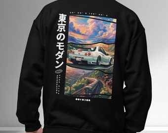 Sudadera JDM Car Crewneck, Backprint, Negro - Ropa de calle japonesa, Skyline R34 GT-R - Coches japoneses - Entusiasta, Carguy, Moda automotriz