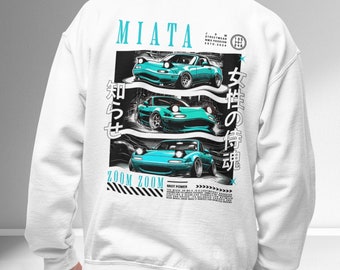 Sudadera JDM Miata Crewneck, Backprint, Blanco - JDM Streetwear de NWX Passion - Coches japoneses - MX5 Enthusiast, Carguy, Automotive Fashion