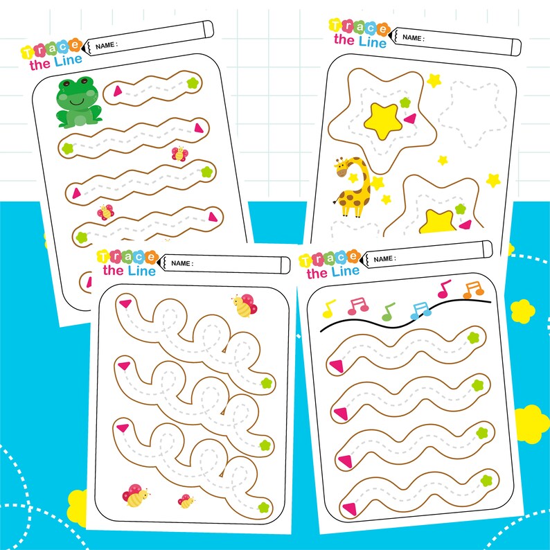May include: Four colourful tracing worksheets for children. Each worksheet features a different design, including a frog, a giraffe, stars, musical notes, and insects. The worksheets have dotted lines for tracing and include the text "Trace the Line" and a space for a name.