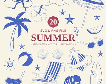 Summer element Hand draw bundle – 20 hand-drawn beach vibe elements | Beach Clipart Set SVG, PNG file.