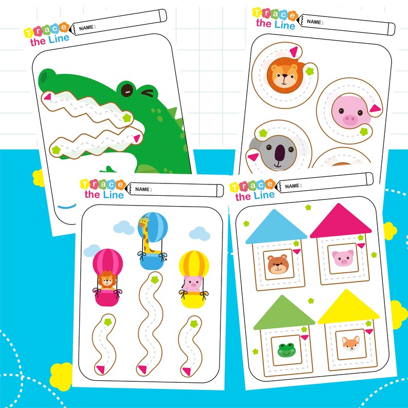 May include: Four colourful activity sheets for children. Each sheet features a different tracing activity with cute animal illustrations, including a crocodile, lion, koala, pig, bear, frog, and fox. The sheets have the text "Trace the Line" and a space for a name.