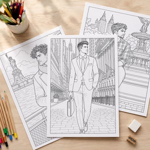 May include: Three black and white coloring pages featuring line art illustrations of a person in various New York City settings, including the Statue of Liberty, a city street with a briefcase, and a fountain, accompanied by colored pencils and an eraser.