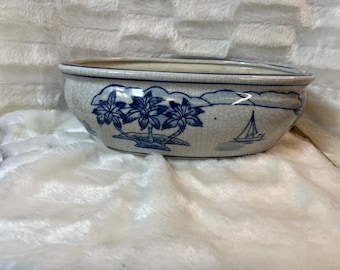 Rara jardinera/cuenco chino antiguo azul/blanco, palmera/barco
