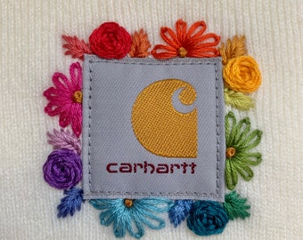 Adult Carhartt RAINBOW Floral Beanie- Whimsical Floral design freehanded by me!