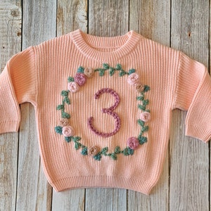 THIRD Birthday Floral Wreath Hand Embroidered Chunky Knit Sweater 3 True to size image 1