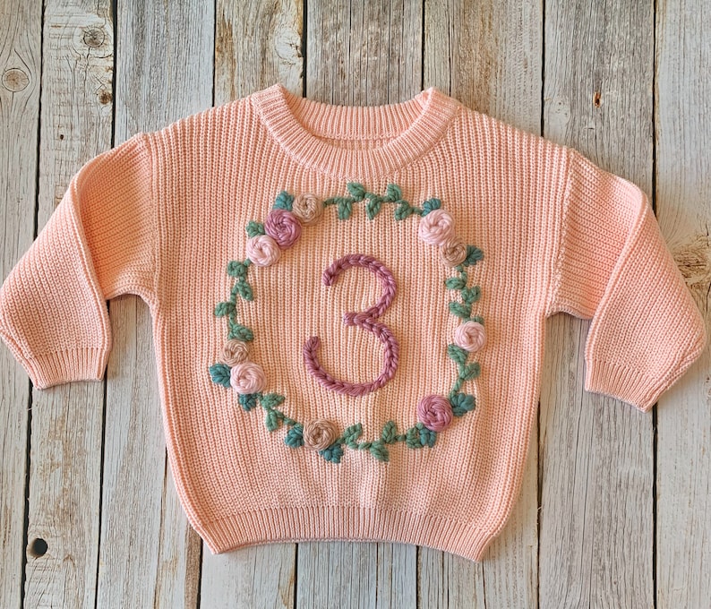 THIRD Birthday Floral Wreath Hand Embroidered Chunky Knit Sweater 3 True to size image 1