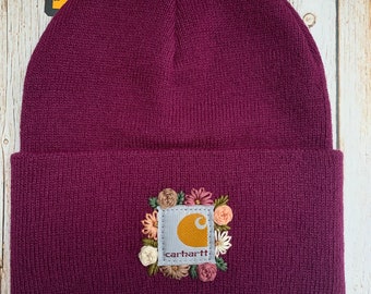 Youth Carhartt Beanie Floral Hand Embroidered…in the color Magenta. Green Lilly SOLD.