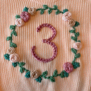 THIRD Birthday Floral Wreath Hand Embroidered Chunky Knit Sweater 3 True to size image 2