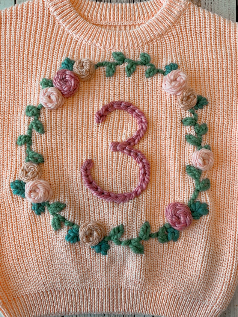 THIRD Birthday Floral Wreath Hand Embroidered Chunky Knit Sweater 3 True to size image 2