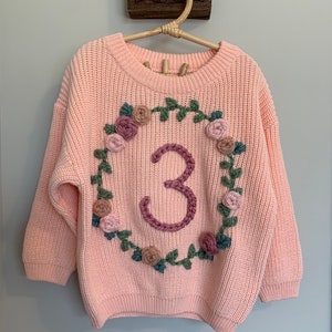 THIRD Birthday Floral Wreath Hand Embroidered Chunky Knit Sweater 3 True to size image 5