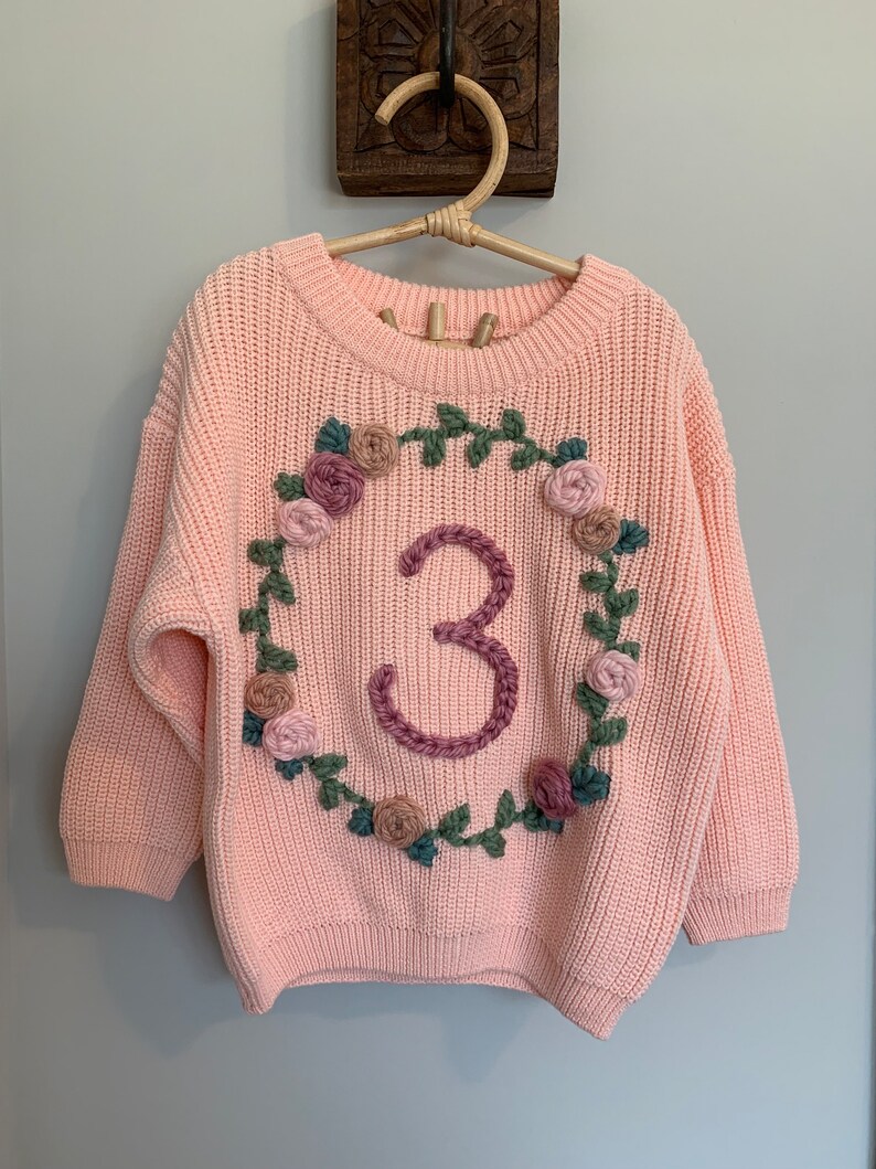 THIRD Birthday Floral Wreath Hand Embroidered Chunky Knit Sweater 3 True to size image 5