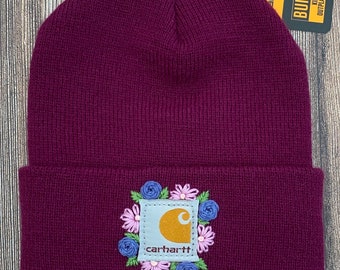 Kleinkind Blumen Carhartt Beanie-Hand bestickt in der Farbe Magenta