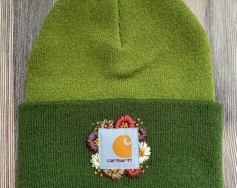 Adult Carhartt Floral Beanie- Whimsical Floral design freehanded by me!