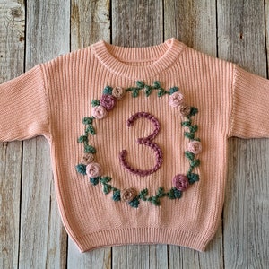 THIRD Birthday Floral Wreath Hand Embroidered Chunky Knit Sweater 3 True to size image 4