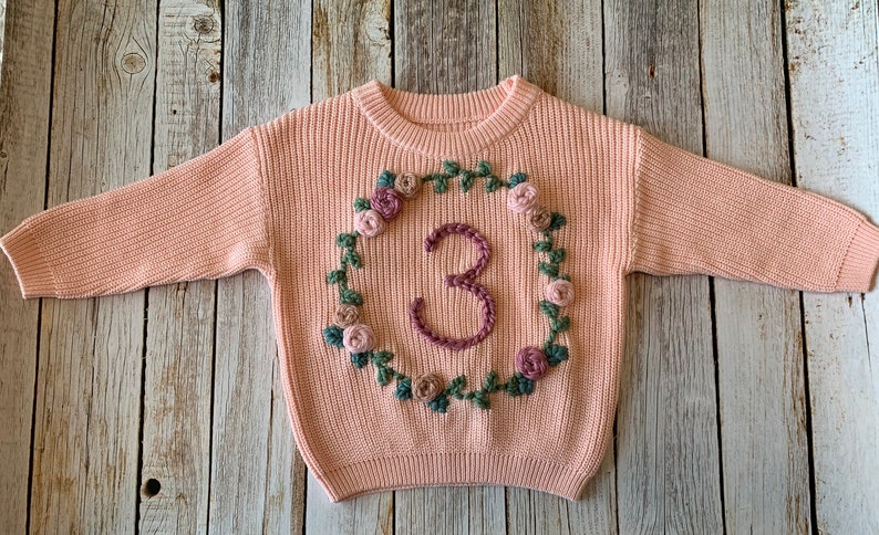 THIRD Birthday Floral Wreath Hand Embroidered Chunky Knit Sweater 3 True to size image 4