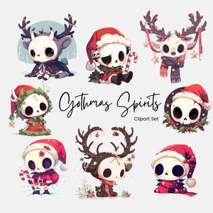 Gruselige gruselig süße Skelett Kawaii Weihnachten Schädel Clipart Png, Gothic Goth Kawaii Weihnachtsmann Rentier Sublimation Designs, kommerzielle Nutzung