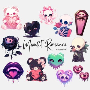 Spooky Cute Goth Valentine Clipart Png, Heart Skull Teddy Bear Anti Valentine&#39;s Day Sublimation Design, Creepy Kawaii Vday, Commercial Use