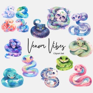 Goth Kawaii Cute Snake Watercolor Clipart Png, Pastel Spooky Reptile Sublimation Design, Printable Baby Snake, Commercial Use Clip Art