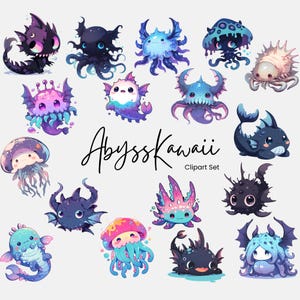 Goth Kawaii Sea Creature Clipart Png Cute Underwater Animals, Gothic Under the Water Sublimation Designs, Summerween, Commercial Use