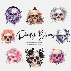 Gothic Skulls with Flowers Watercolor Clipart – Gothic Summer & Halloween PNG, Dark Fantasy Clip Art, Digital Download, Commercial Use