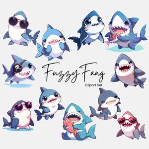 Lindo tiburón de dibujos animados Clipart PNG, diseños de sublimación de tiburón bebé divertido, lindo, espeluznante y gótico kawaii, peces submarinos del océano, uso comercial