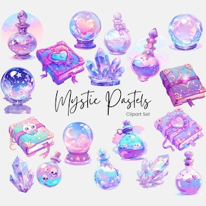 Pastel Goth Clipart: Witchcraft Potion Bottles, Crystal Ball (PNG, Commercial Use)