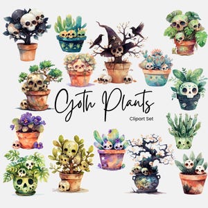 Clipart PNG de plante en pot, plante d'intérieur gothique mignonne, cactus succulent, sublimation botanique, aquarelle tête de mort effrayante kawaii, usage commercial
